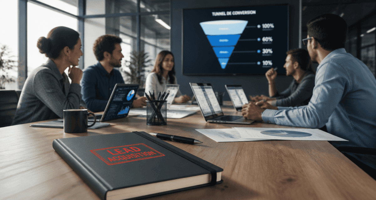 Équipe en réunion lead acquisition marketing
