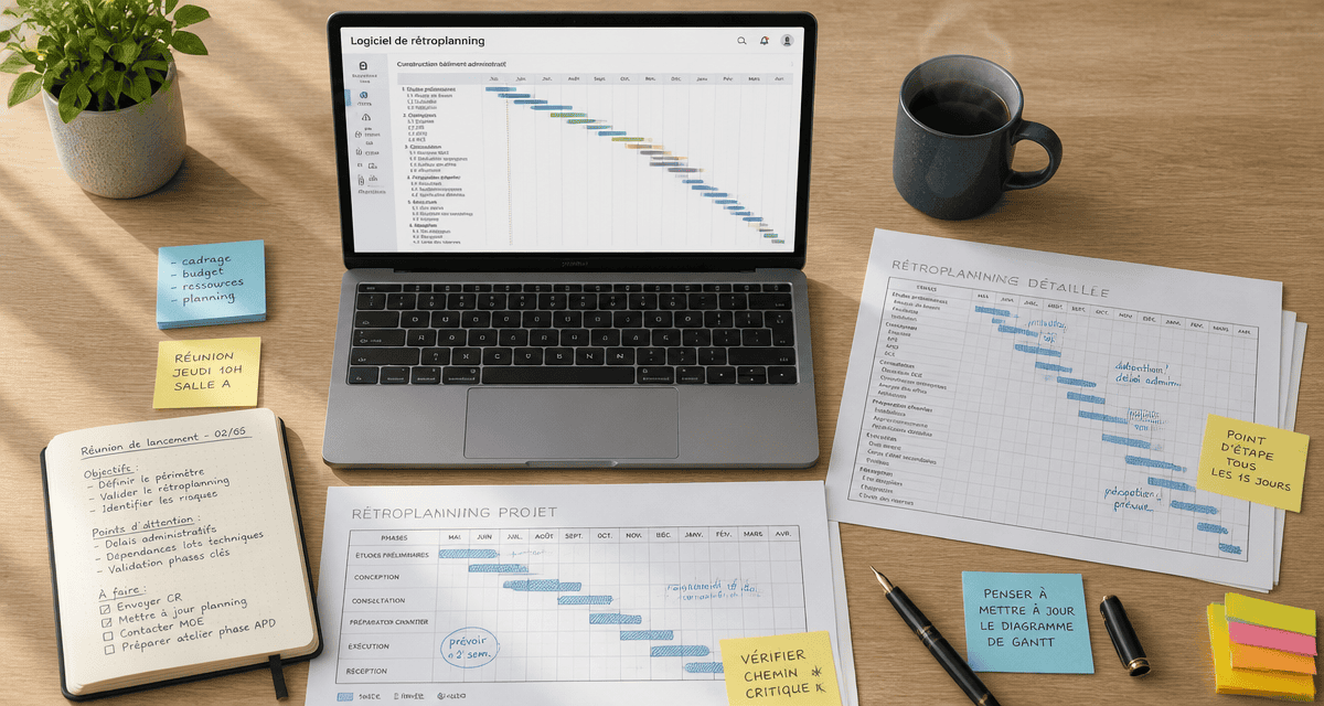 logiciel retroplanning sur bureau avec diagramme de Gantt