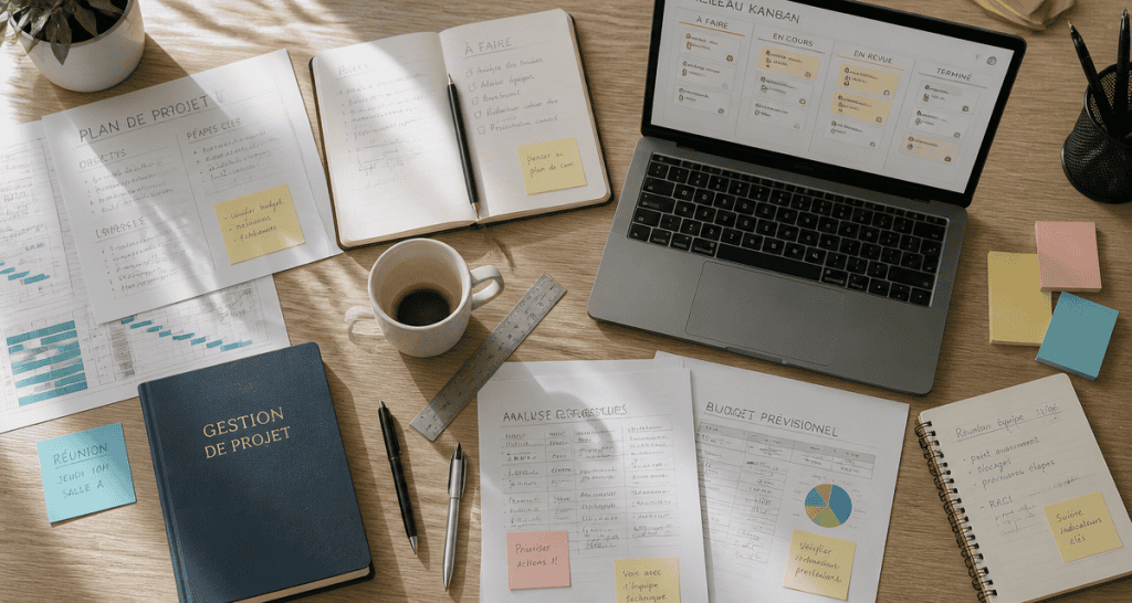 bureau avec methode gestion de projet et tableau kanban