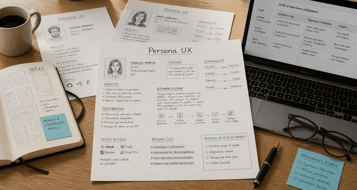bureau avec fiches persona ux et carnet