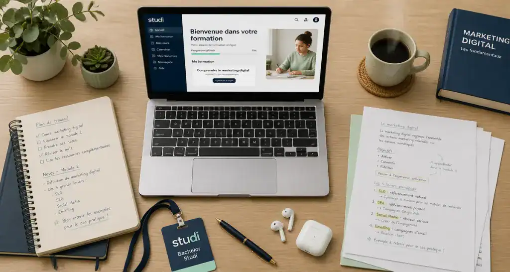 bureau bachelor studi avec ordinateur et carnet