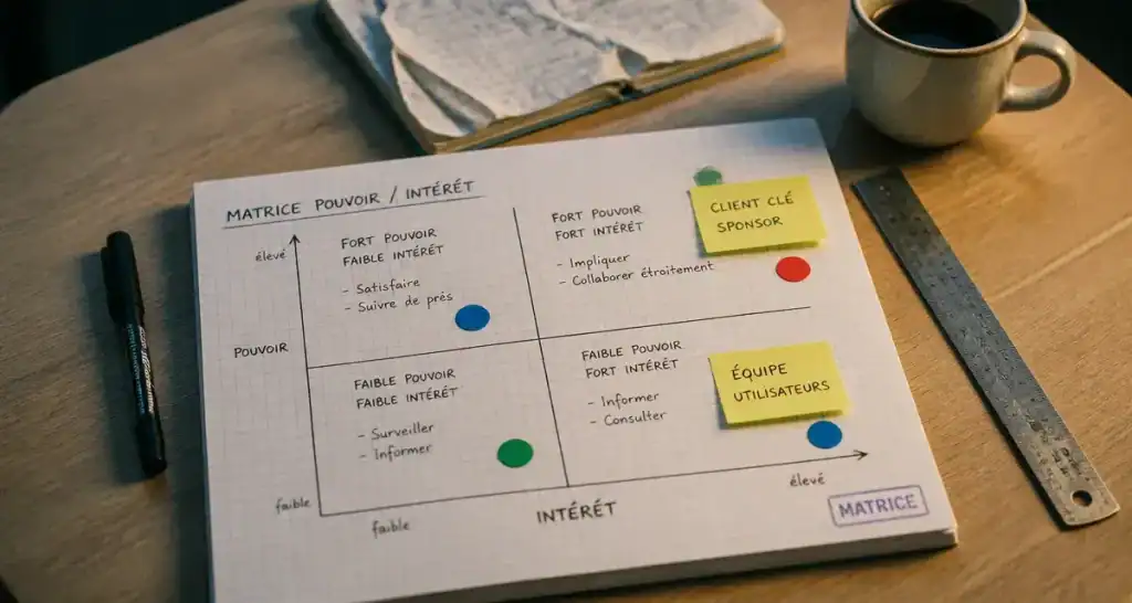Carte des parties prenantes : matrice Pouvoir/Intérêt sur papier