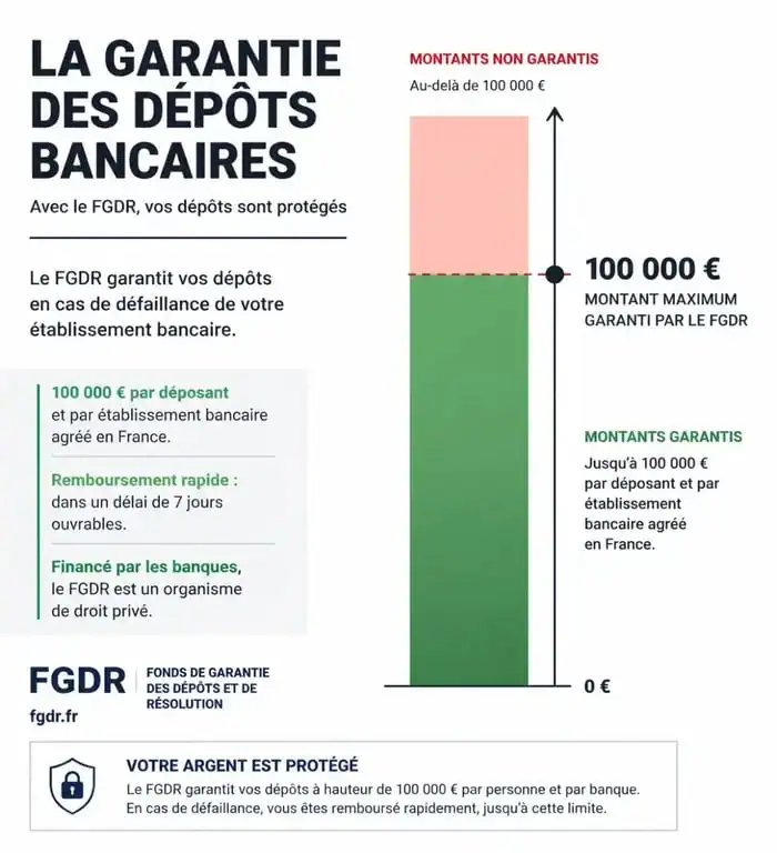 Infographie sur la garantie des dépôts bancaires FGDR et le plafond de 100 000 euros par client