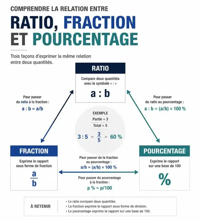Schéma explicatif pour calculer un ratio, convertir en fraction et en pourcentage