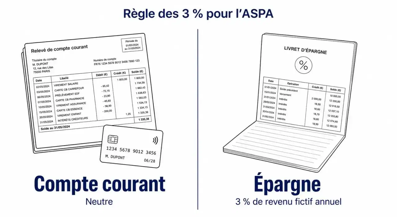 Schéma explicatif de la règle des 3% pour le calcul de l'ASPA et l'impact du compte courant