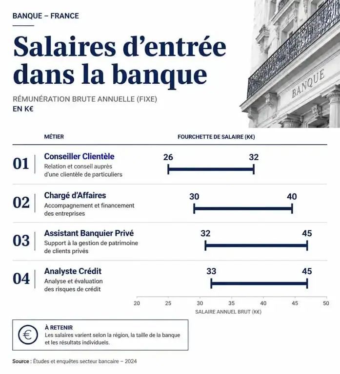 Graphique comparatif du salaire d'un banquier débutant en France selon le poste