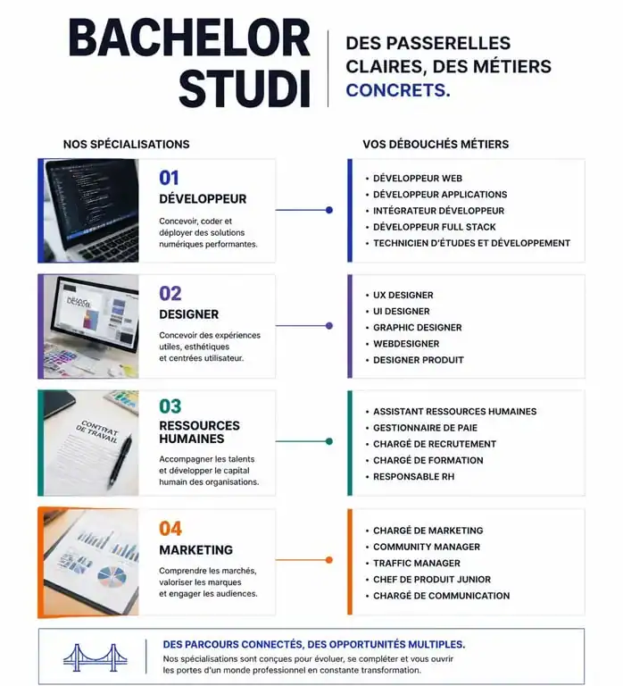 Infographie des débouchés professionnels après un Bachelor Studi