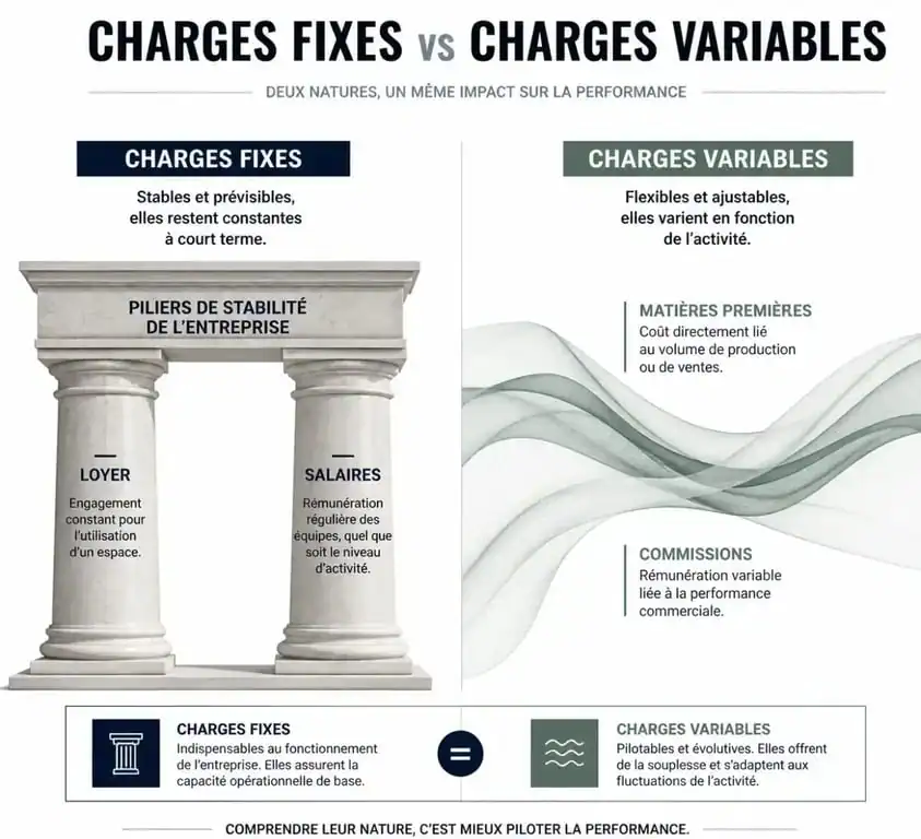 Schéma explicatif des charges fixes et charges variables pour la gestion d'entreprise