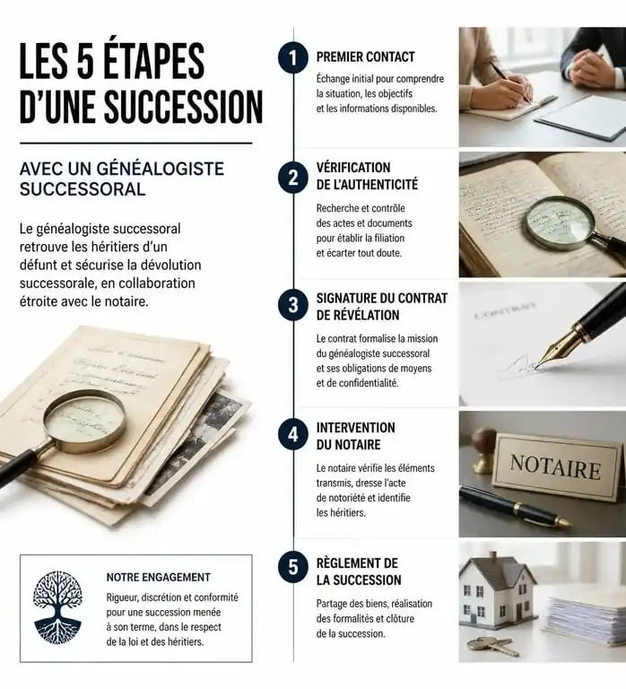 Infographie des étapes de la procédure de succession après avoir été contacté par Coutot Roehrig