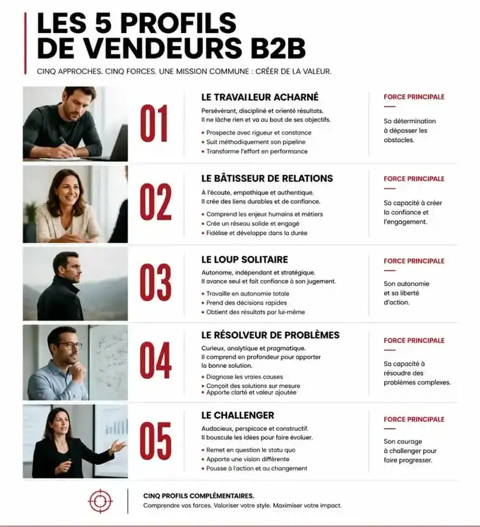 Infographie des 5 profils de vendeurs selon la méthode Challenger Sale