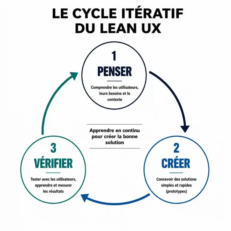 Infographie du processus Lean UX : cycle itératif Penser, Créer, Vérifier pour la conception agile.