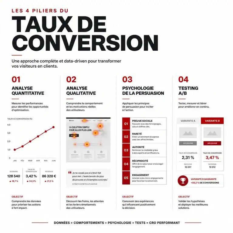 Infographie des 4 piliers du CRO marketing pour l'optimisation du taux de conversion