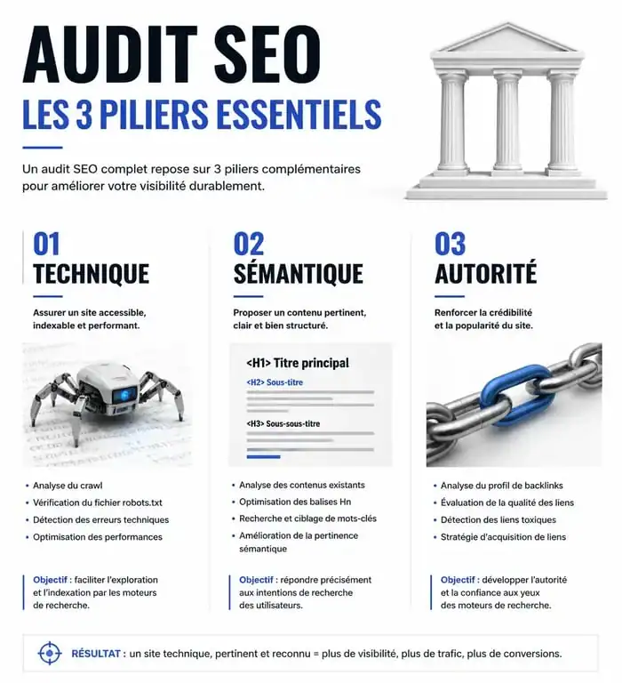 Infographie des trois piliers d'un audit SEO : technique, sémantique et autorité pour optimiser son référencement