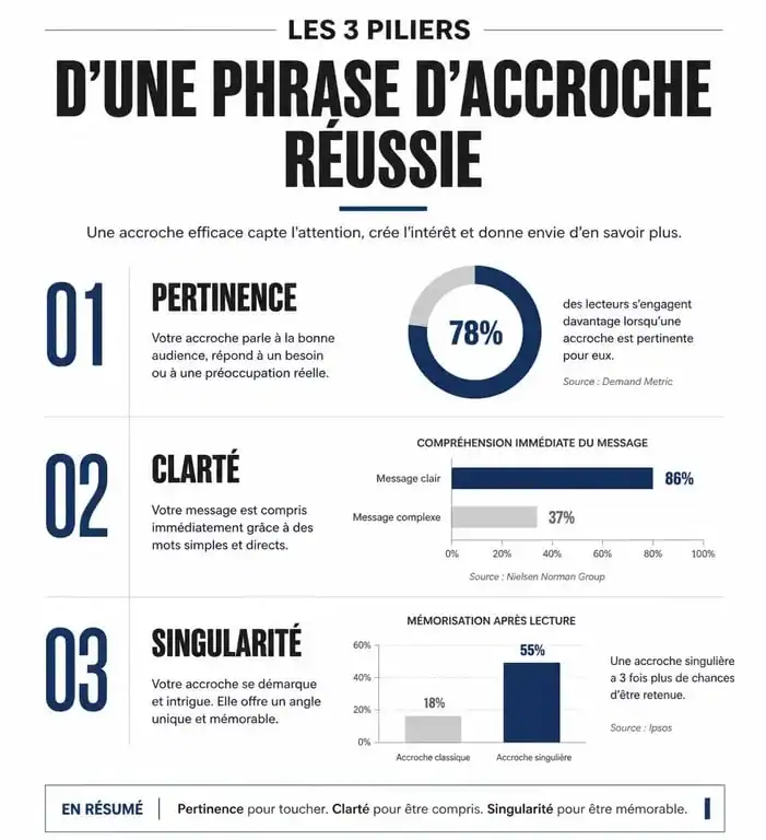 Infographie des trois piliers d'une phrase d'accroche réussie : pertinence, clarté et singularité pour vos exemples de phrases d'accroche.