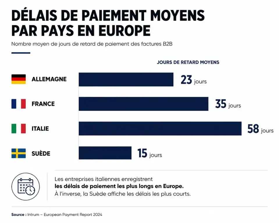 Infographie des délais de paiement moyens par pays en Europe pour le European Credit Management