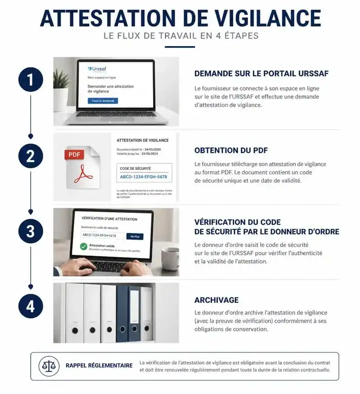 Infographie du processus d'obtention et de vérification de l'attestation de vigilance