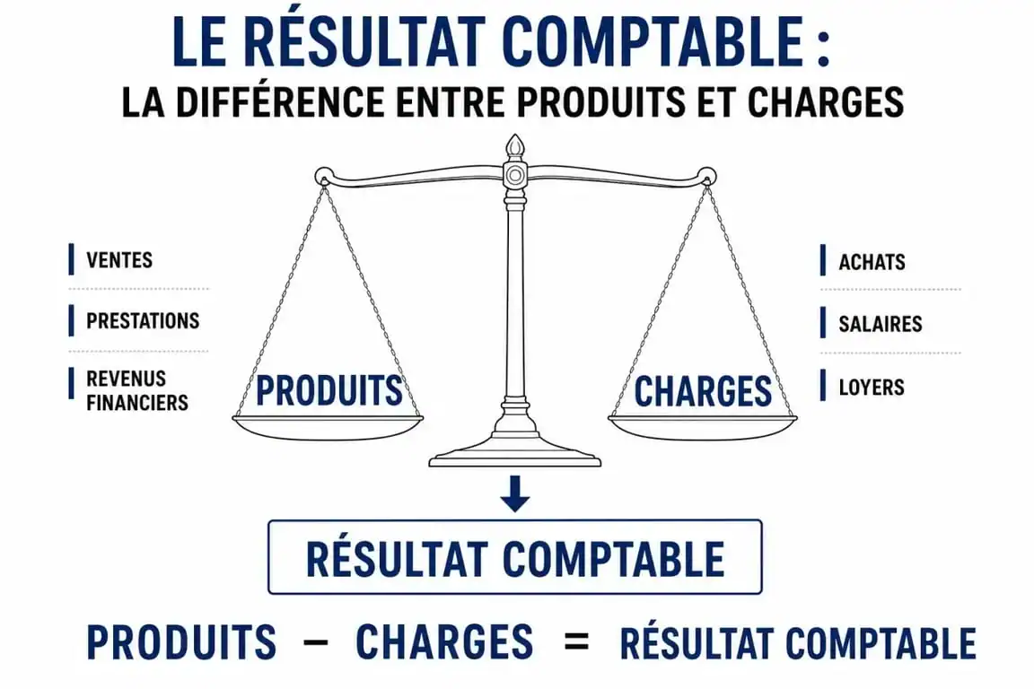 Schéma illustrant le calcul du résultat comptable : Produits moins Charges égale Résultat Comptable