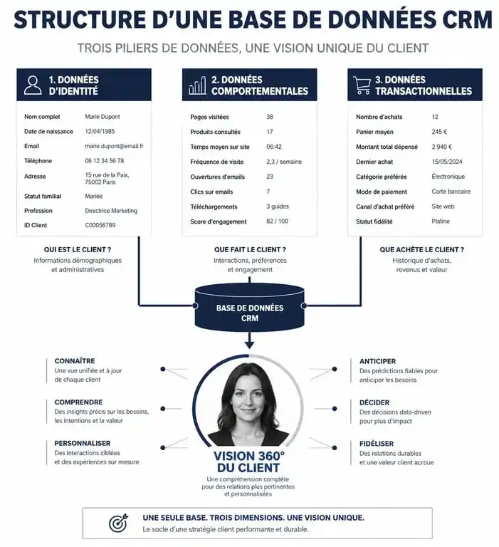 Schéma illustrant la structure d'une base de données CRM avec les données d'identité, comportementales et transactionnelles.