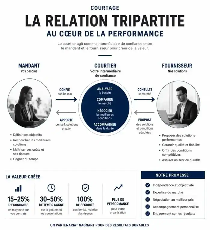 Schéma explicatif du fonctionnement du courtage et de la relation entre mandant, courtier et fournisseur