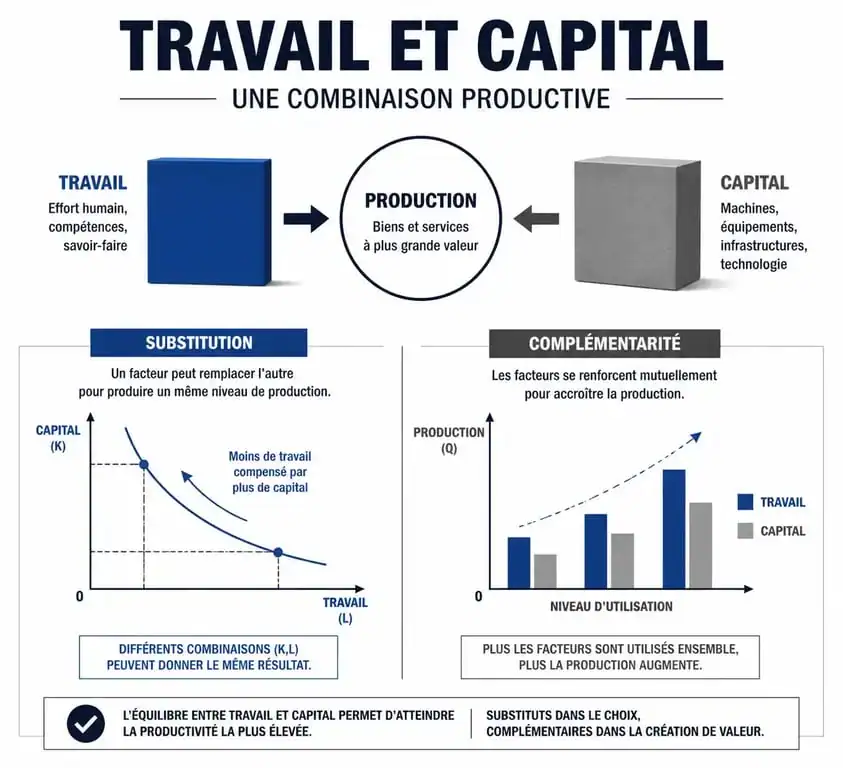 Schéma explicatif des facteurs de production et de la combinaison productive travail capital