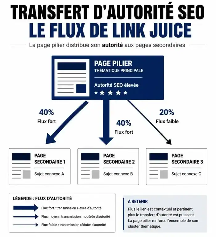 Schéma illustrant le transfert de link juice et la dilution de l'autorité SEO entre les pages d'un site web.