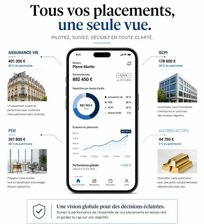 Interface de l'application Linxea permettant la gestion centralisée des contrats d'assurance-vie, PER et SCPI