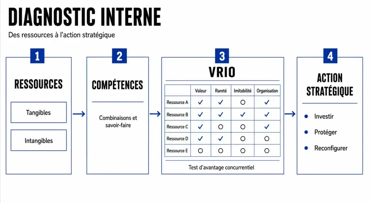Schéma du processus de diagnostic interne d'entreprise : des ressources à la stratégie