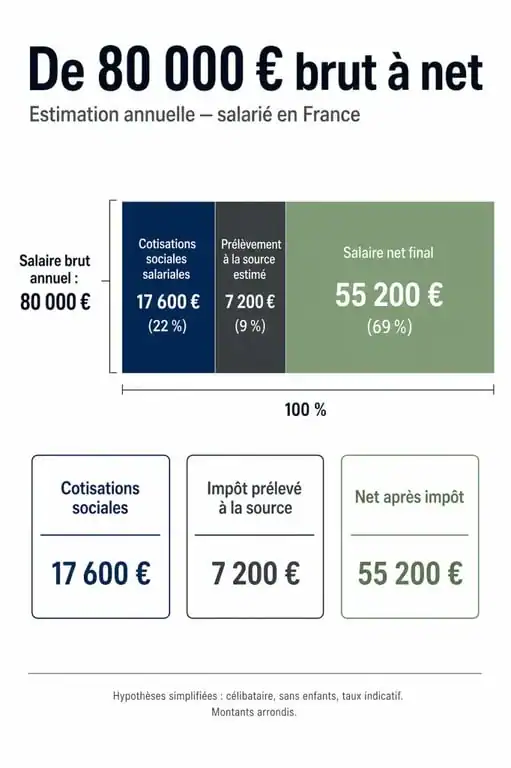 Décomposition d'un salaire de 80000 brut en net en France