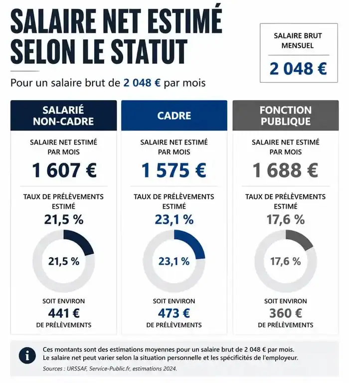 Comparatif salaire brut en net pour 2048 euros selon le statut professionnel