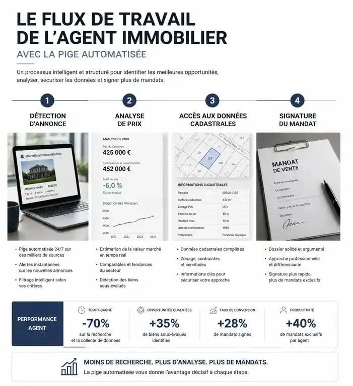 Infographie illustrant le processus de pige immobilière automatisée avec Taktikimmo pour les agents immobiliers