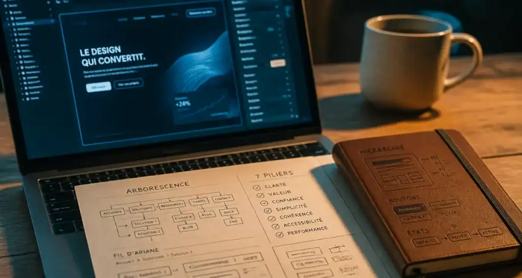 UX site : schémas des 7 piliers de Peter Morville sur un carnet