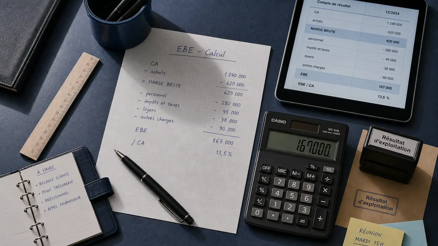 EBE calcul : feuille, calculatrice et tableau chiffré