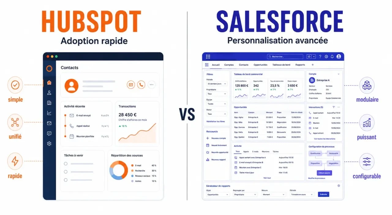 Comparatif HubSpot vs Salesforce : illustration éditoriale des différences CRM