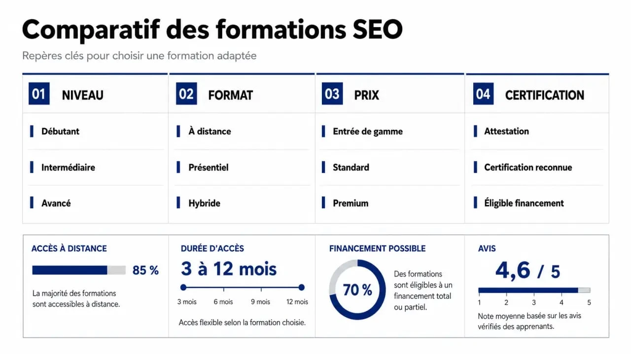 Meilleur formation SEO : comparatif visuel des critères essentiels