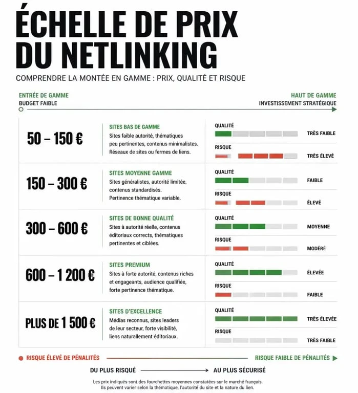 Graphique illustrant les différents tarifs du netlinking et les facteurs de prix