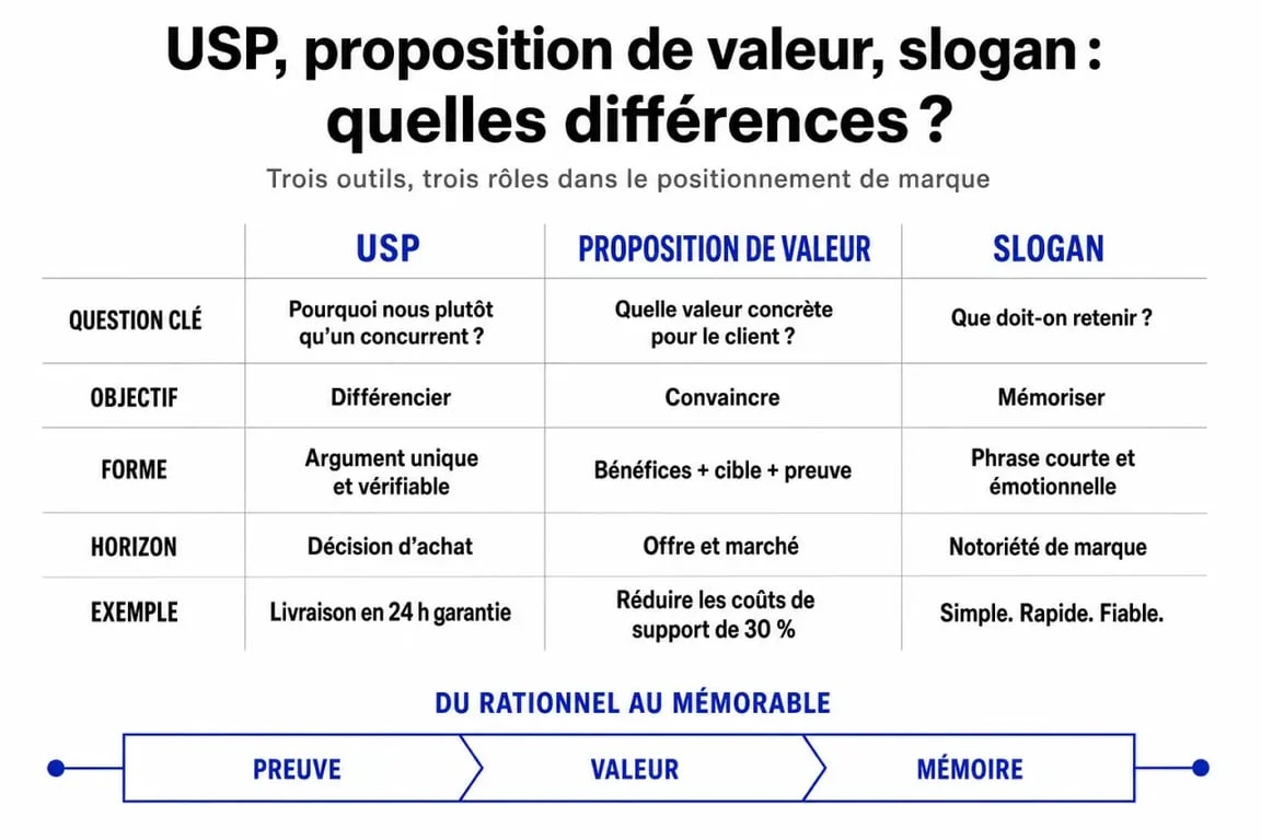 Infographie comparative des concepts marketing : USP, proposition de valeur et slogan pour comprendre la différence.