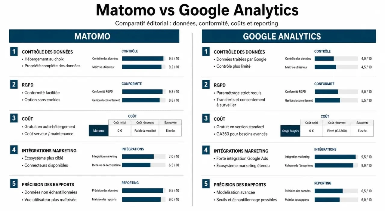 Comparatif matomo vs google analytics sur la conformité RGPD, le contrôle des données et les coûts