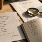 Mots-clés exemple : bureau, carnet couture et loupe sur plan mots-clés
