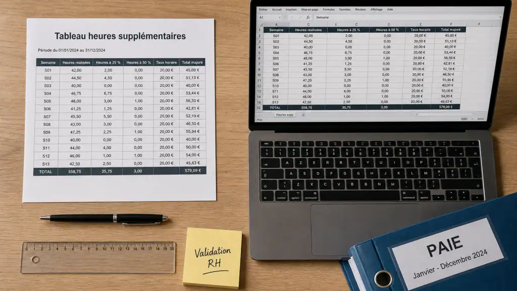 Tableau heures supplémentaires : colonnes et majorations 25 % et 50 %