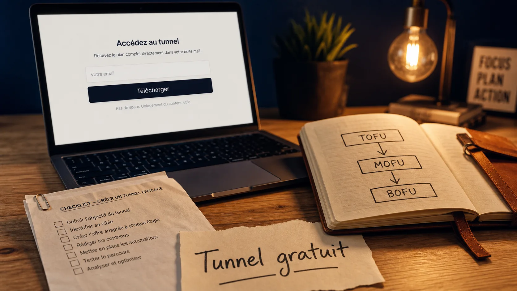 Tunnel de vente gratuit : ordinateur et capture email sur bureau