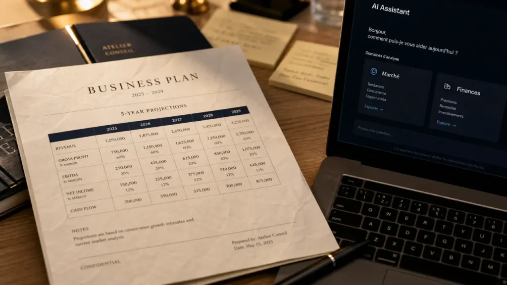 Business plan IA en 30 minutes : projections sur 5 ans et pièges à éviter