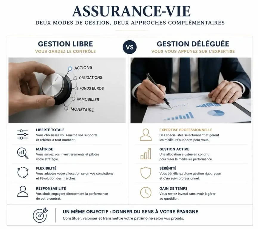 Comparaison entre gestion libre et gestion déléguée pour l'assurance vie Lucya Cardif