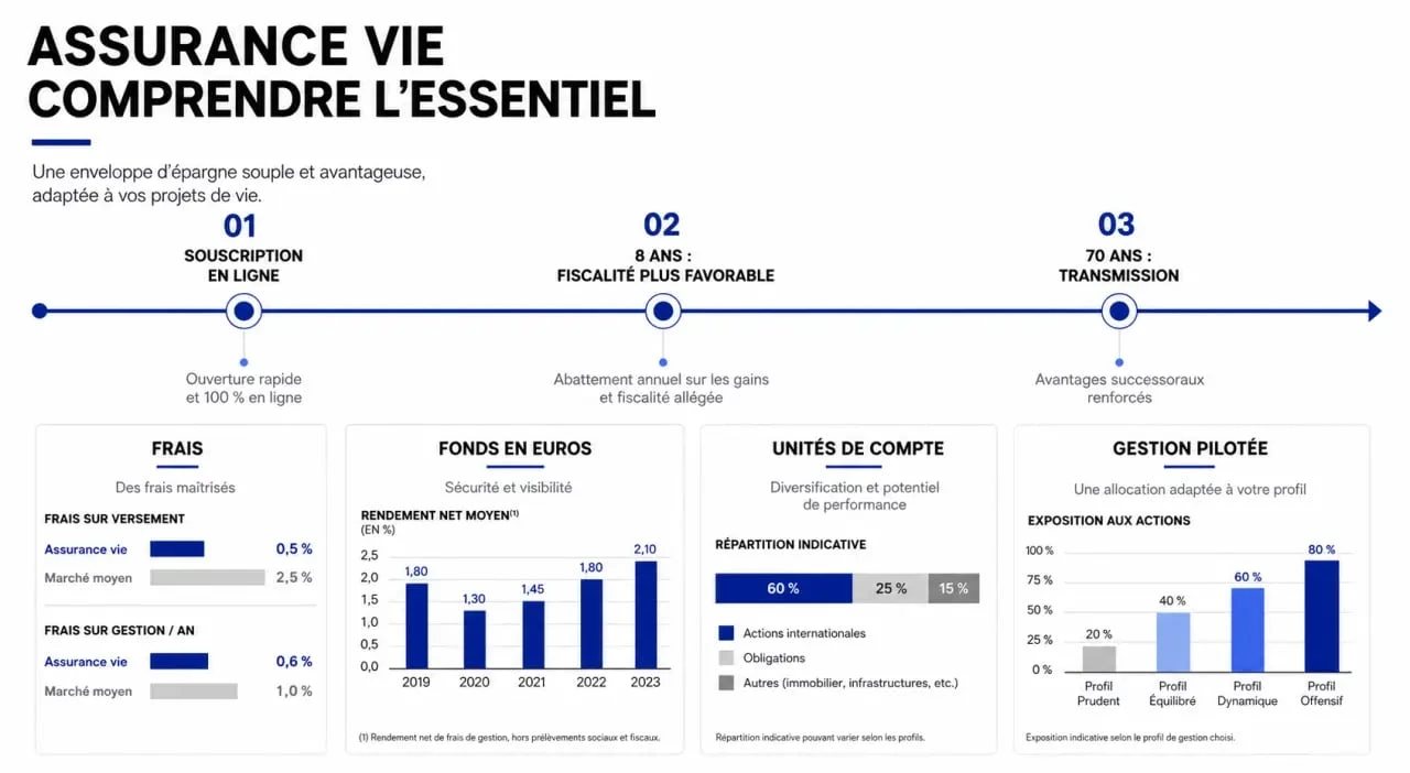 Infographie éditoriale sur linxea assurance vie avec repères fiscaux, transmission et critères de choix