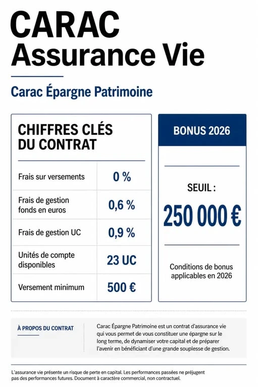 CARAC assurance vie : infographie des frais, supports et bonus 2026 du contrat Carac Epargne Patrimoine