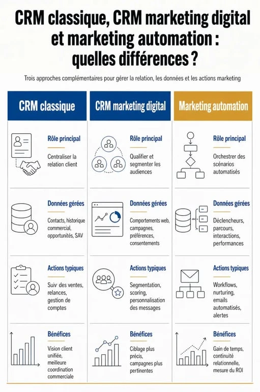 CRM marketing digital comparé au CRM classique et au marketing automation