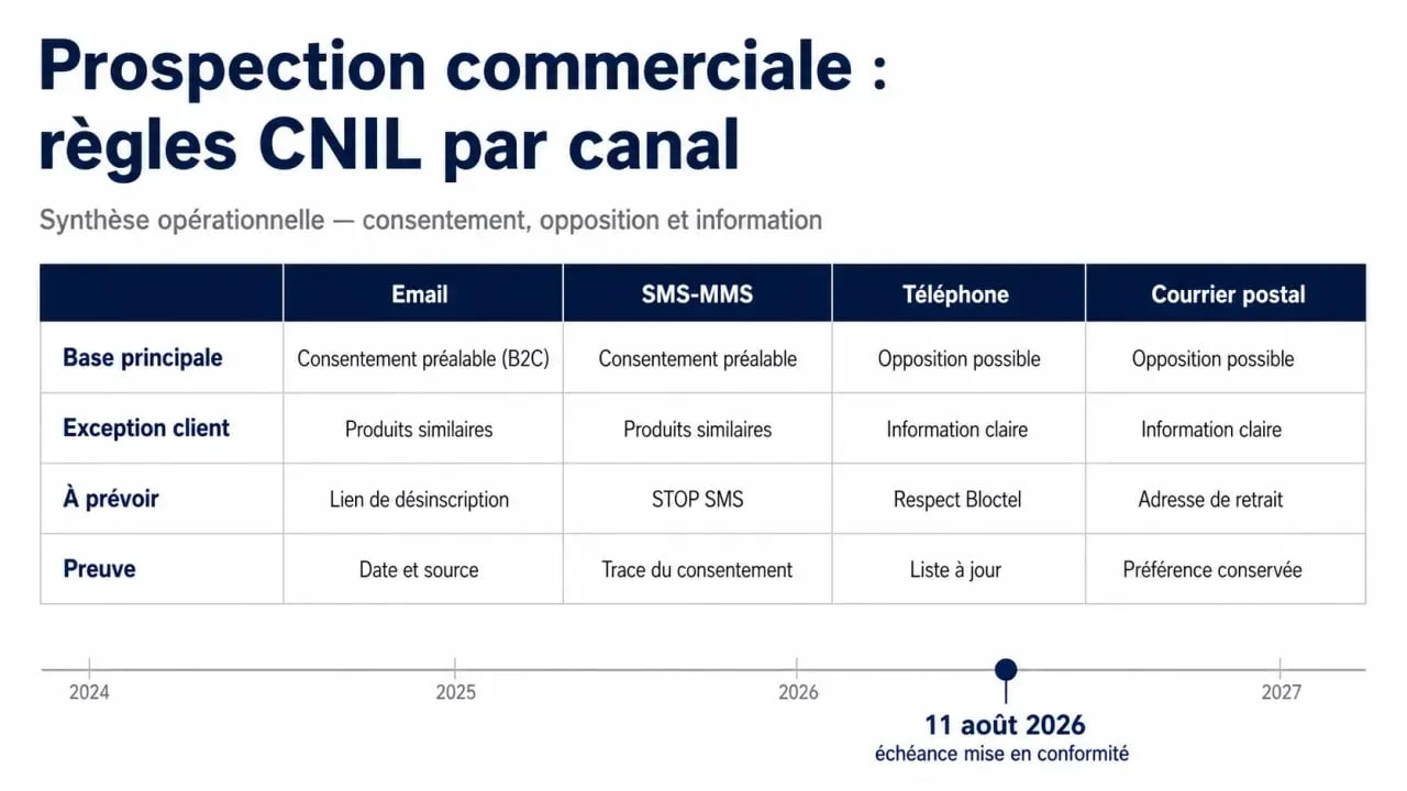 CNIL prospection commerciale : tableau des règles par canal et date du 11 août 2026