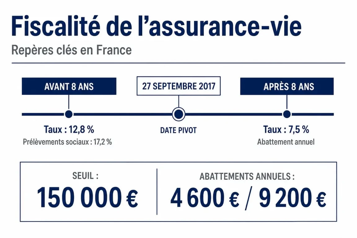 Assurance vie fiscalite : frise des taux, abattements et seuils avant et après 8 ans