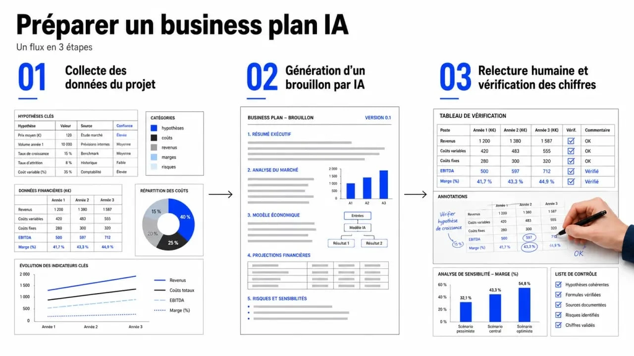 Business plan ia : schéma éditorial du processus de création, des données d’entrée au document final relu
