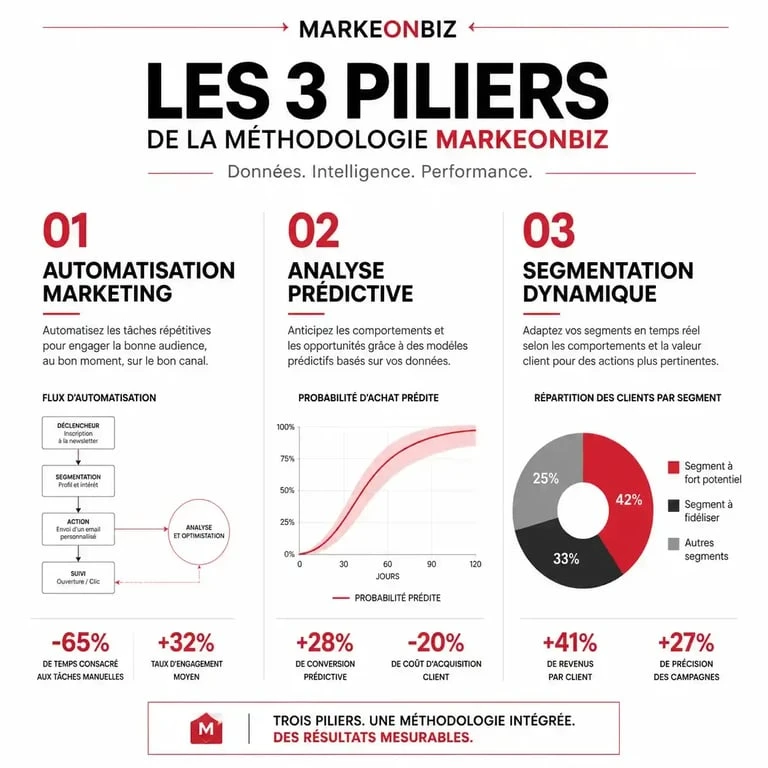Infographie illustrant les piliers de la stratégie Markeonbiz marketing digital pour la performance B2B