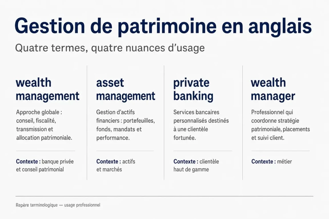 Gestion de patrimoine en anglais : comparaison des traductions wealth management, asset management, private banking et wealth manager